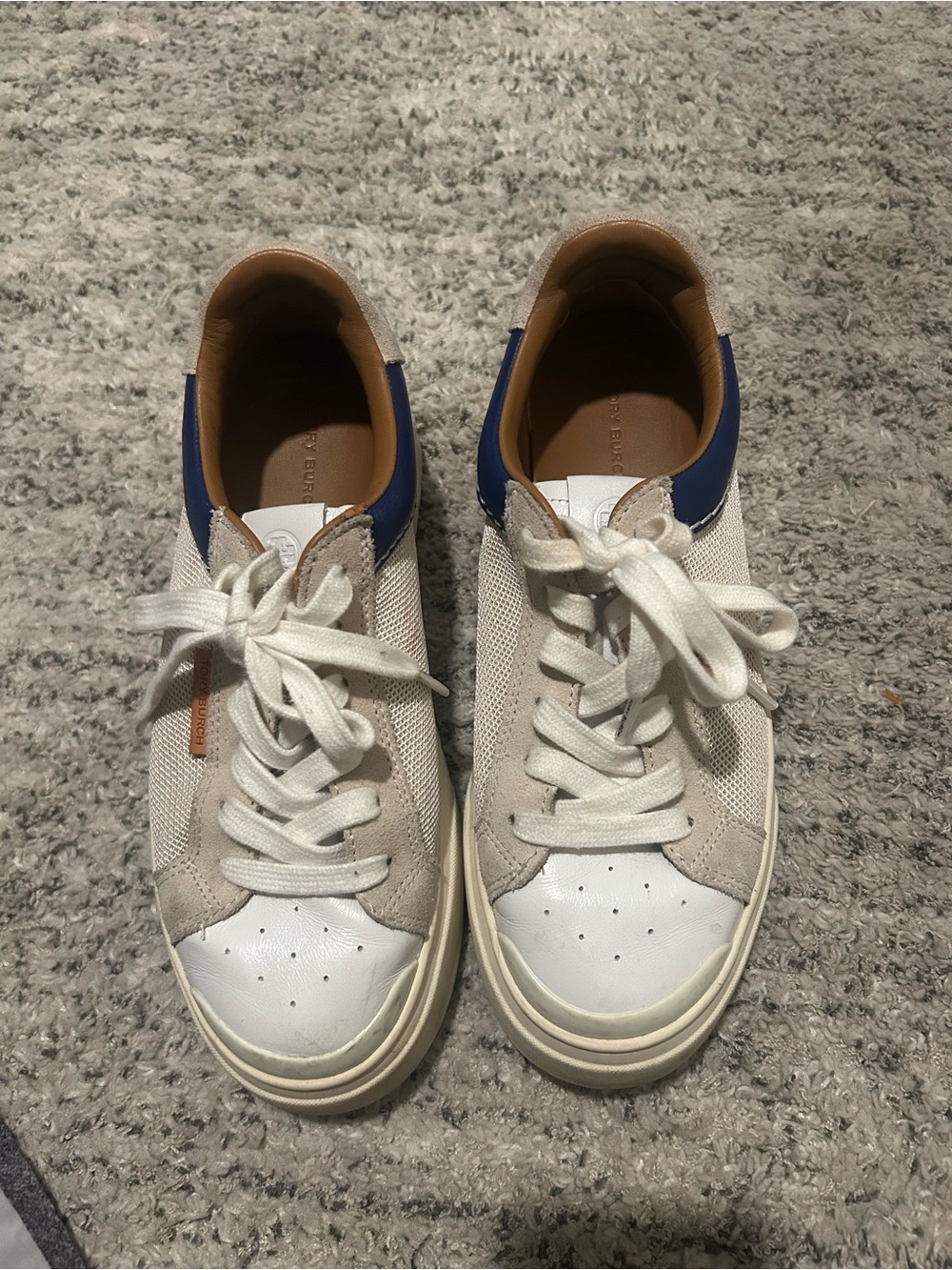 Tory Sport White and Beige Low-Top Sneakers with Blue Heel - Picture 1 of 3